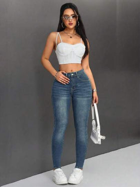 SHEIN PETITE بنطال جينز نسائي ضيق ممزق مع جيوب مائلة للاستخدام اليومي في فصلي الربيع والخريف