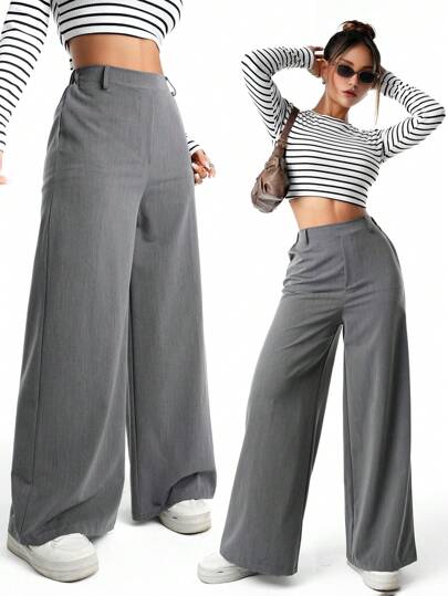 SHEIN بنطال رمادي بساق واسعة أنيقة كاجوال للمراهقات