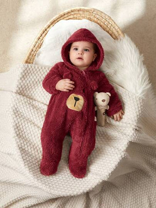 Cozy Pixies جمبسوت قتصيرة سميكة للأطفال الرضع من الأولاد بنقشة الدب الكرتوني مع غطاء للرأس