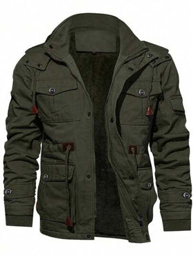 Manfinity Homme معطف شتوي رجالي فضفاض بأكمام طويلة وقلنسوة مبطن حراريًا مع جيوب بغطاء وخصر بسحاب، للخريف