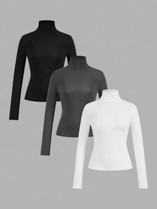 EZwear 3 قطع / مجموعة من طبقات القاعدة للنساء قميص بياقة عالية وأكمام طويلة وجسم ضيق، مناسبة للخريف والشتاء