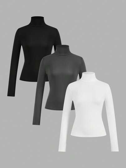 EZwear 3 قطع / مجموعة من طبقات القاعدة للنساء قميص بياقة عالية وأكمام طويلة وجسم ضيق، مناسبة للخريف والشتاء