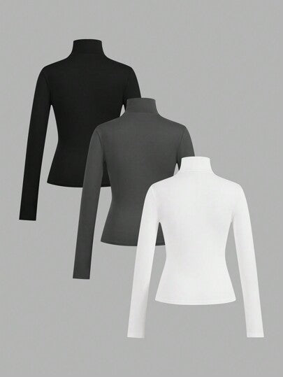 EZwear 3 قطع / مجموعة من طبقات القاعدة للنساء قميص بياقة عالية وأكمام طويلة وجسم ضيق، مناسبة للخريف والشتاء