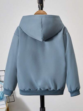 SHEIN بلوزة هوديي كاجوال مطبوعة بنمط خطي للأولاد المراهقين، مرخيةالكتف، مفتوحة بسحاب وخيط شد، مناسبة للخريف والشتاء (لا تشمل القميص الداخلي)