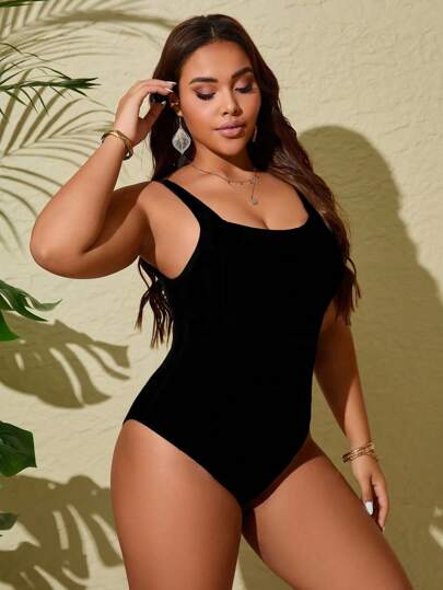 Swim Lushoire بدلة السباحة قطعة واحدة بياقة مربعة وحجم كبير، مناسبة للشاطئ والعطلات الصيفية