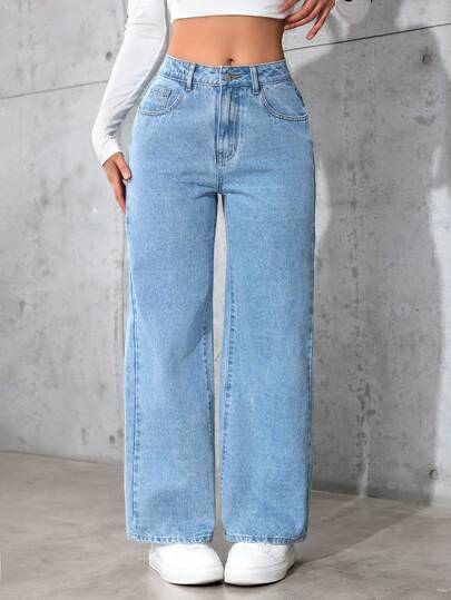 SHEIN PETITE سراويل جينز نسائية مستقيمة الساق فضفاضة غير رسمية متعددة الاستخدامات مع جيوب