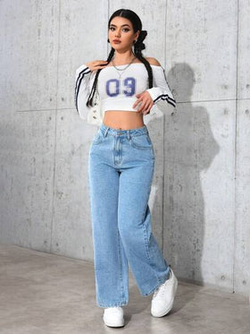 SHEIN PETITE سراويل جينز نسائية مستقيمة الساق فضفاضة غير رسمية متعددة الاستخدامات مع جيوب