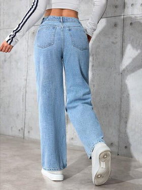 SHEIN PETITE سراويل جينز نسائية مستقيمة الساق فضفاضة غير رسمية متعددة الاستخدامات مع جيوب