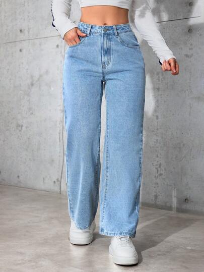 SHEIN PETITE سراويل جينز نسائية مستقيمة الساق فضفاضة غير رسمية متعددة الاستخدامات مع جيوب