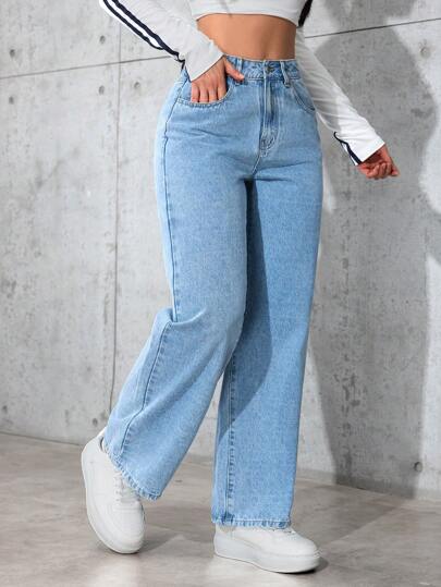 SHEIN PETITE سراويل جينز نسائية مستقيمة الساق فضفاضة غير رسمية متعددة الاستخدامات مع جيوب
