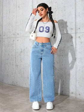 SHEIN PETITE سراويل جينز نسائية مستقيمة الساق فضفاضة غير رسمية متعددة الاستخدامات مع جيوب