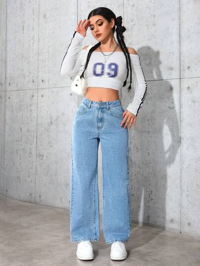 SHEIN PETITE سراويل جينز نسائية مستقيمة الساق فضفاضة غير رسمية متعددة الاستخدامات مع جيوب