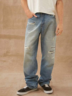 جينز ذو ساق مستقيمة من قطن أصيل بنسبة 91%، مرمم للرجال