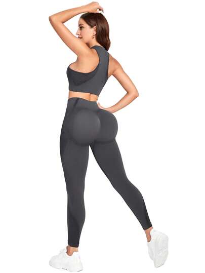 SHEIN Yoga Basic 2 قطعة مجموعة نسائية ملابس رياضية متناسقة لليوغا والرياضة في الصيف ،تتكون من توب قصير مرن وتايتس، طقم بنطلون رياضي نسائي