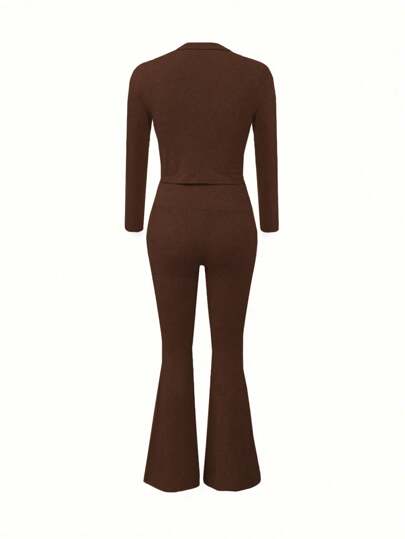 طقم حريمي قطعتين EZwear مجموعة ملابس علوية وبنطلون للسيدات بتصميم لون سادة سِتار طويل الأكمام للإطلالة اليومية