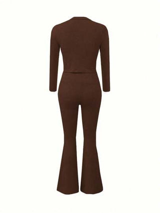 طقم حريمي قطعتين EZwear مجموعة ملابس علوية وبنطلون للسيدات بتصميم لون سادة سِتار طويل الأكمام للإطلالة اليومية