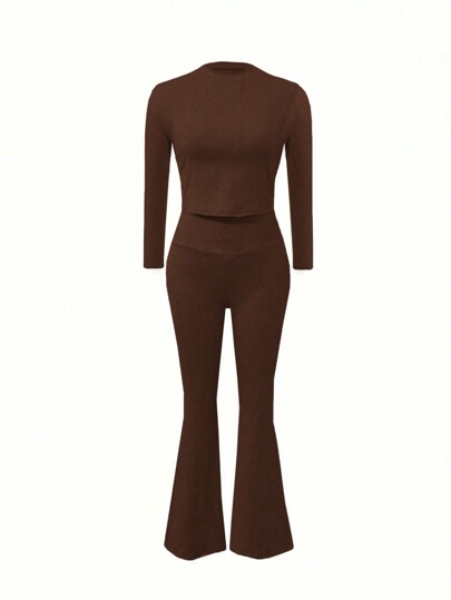 طقم حريمي قطعتين EZwear مجموعة ملابس علوية وبنطلون للسيدات بتصميم لون سادة سِتار طويل الأكمام للإطلالة اليومية