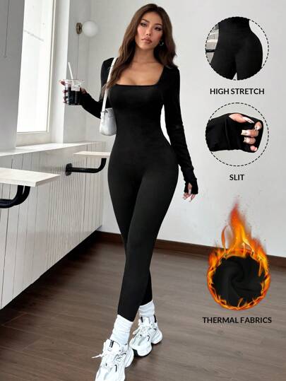 SHEIN EZwear قطعة واحدة بدلة رياضية ضيقة بياقة عالية باللون الأسود، ملابس رياضية عادية، موديل خريف