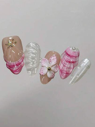 10 طقم أظافر طبيعية مصنوعة يدويًا بشكل أحلام ضغط على الأظافر طويلة اللوز/أظافر صدفة فرنسية/أظافر زهور 3D/أظافر أحلام/أظافر زهور 3D/أظافر عطلة على الشاطئ