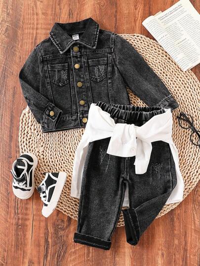 SHEIN Playful Pals مجموعة قميص جاكيت جينز منزلق أسود ورد غسيل متقطع، وبنطال جينز محروق مغسول بينهما للأولاد الرضع، طقم كاجوال موضة مناسب للربيع والخريف والجميع المواسم