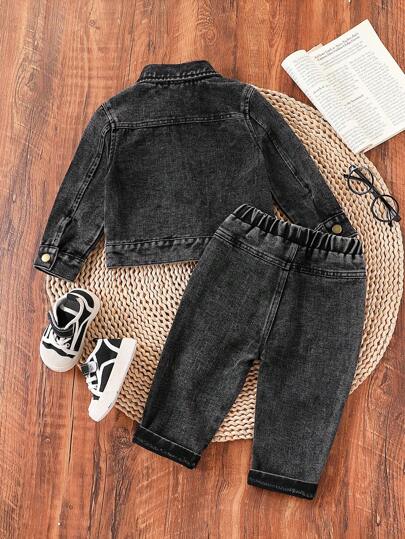 SHEIN Playful Pals مجموعة قميص جاكيت جينز منزلق أسود ورد غسيل متقطع، وبنطال جينز محروق مغسول بينهما للأولاد الرضع، طقم كاجوال موضة مناسب للربيع والخريف والجميع المواسم