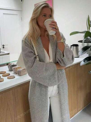 كارديجان نسائي طويل بياقة على شكل V وأكمام طويلة فضفاضة للغاية بدون أزرار، مناسب للربيع والخريف، موضة وعملي، بسيط وطويل، لون رمادي، مناسب لمناسبة هالوين