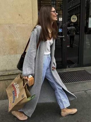 كارديجان نسائي طويل بياقة على شكل V وأكمام طويلة فضفاضة للغاية بدون أزرار، مناسب للربيع والخريف، موضة وعملي، بسيط وطويل، لون رمادي، مناسب لمناسبة هالوين