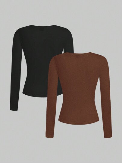 EZwear مجموعة بلوزة كاجوال نسائية بأكمام طويلة وياقة دائرية ومقاسات مثالية ، مناسبة للخريف والشتاء 2 قطعة