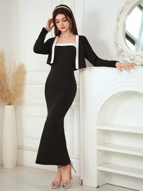 SHEIN 2 قطعة/طقم فتاة مراهقة كاردجان خارجي وفستان ضيق بلا أكمام مجموعة كاجوال مكونة من قطعتين, للخريف