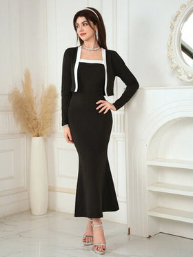 SHEIN 2 قطعة/طقم فتاة مراهقة كاردجان خارجي وفستان ضيق بلا أكمام مجموعة كاجوال مكونة من قطعتين, للخريف