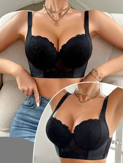 Hersunei ملابس داخلية نسائية سوداء من الدانتيل بتصميم جذاب، حمالة صدر مريحة ومدعمة للنساء