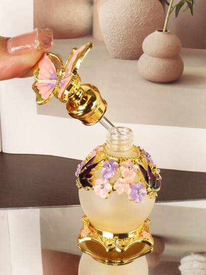 زجاجة عطر زخرفية فارغة قابلة لإعادة التعبئة بسعة 15 مل بتصميم فراشة وردية ذو طراز فاخر ، وعاء لزيوت عطرية فاخرة بقطارة