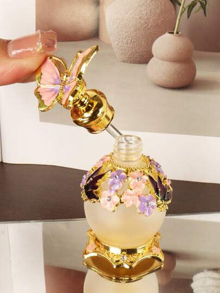 زجاجة عطر زخرفية فارغة قابلة لإعادة التعبئة بسعة 15 مل بتصميم فراشة وردية ذو طراز فاخر ، وعاء لزيوت عطرية فاخرة بقطارة