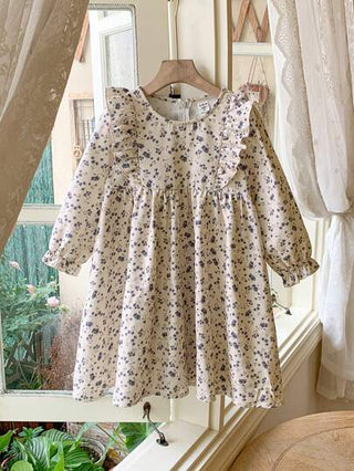 فستان أطفال Blossori فستان شبكي أنيق بتصميم فرنسي أناقة فتيات صغيرات باللون الخاكي مع ازهار صغيرة مع كشكش في الأسفل، الخريف / الشتاء