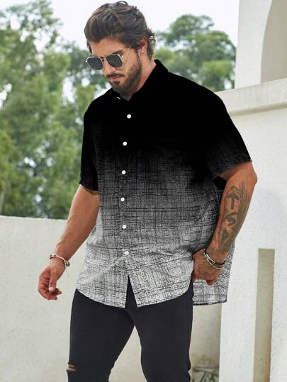 Manfinity Homme قميص قصير الأكمام واسع فضفاض ذو أزرار أمامية بتدرج لون للرجال كبار الحجم ، ملابس خارجية كاجوال للصيف