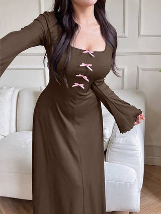 Mulvari فستان نسائي أنيق مزين بفيونكة وأكمام جرس للخريف