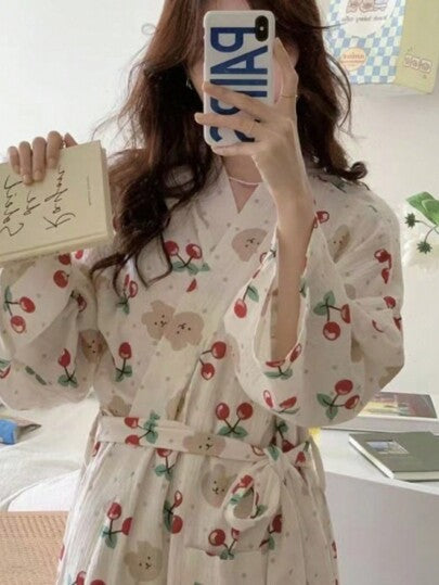 طقم تانكيني حريمي رداء نوم أو نمط ياباني بأكمام طويلة، بنقشة دب جميلة، ثوب نوم طويل كاجوال للنساء، قميص نوم طويل الأكمام صيفي مريح بياقة على شكل V مع جيوب، مناسب للبيت، الحمام، الأعراس