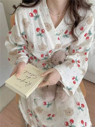 طقم تانكيني حريمي رداء نوم أو نمط ياباني بأكمام طويلة، بنقشة دب جميلة، ثوب نوم طويل كاجوال للنساء، قميص نوم طويل الأكمام صيفي مريح بياقة على شكل V مع جيوب، مناسب للبيت، الحمام، الأعراس
