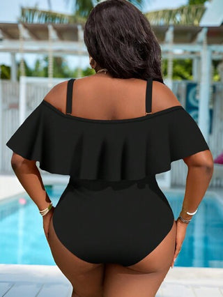 SHEIN Slayr CURVE بدلة سباحة من قطعة واحدة حجم كبير للنساء، مزينة بالكشكشة وكتف بارز ومطوي على الجانب، للصيف والشاطئ