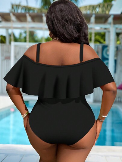 SHEIN Slayr CURVE بدلة سباحة من قطعة واحدة حجم كبير للنساء، مزينة بالكشكشة وكتف بارز ومطوي على الجانب، للصيف والشاطئ