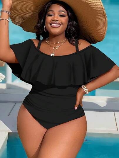 SHEIN Slayr CURVE بدلة سباحة من قطعة واحدة حجم كبير للنساء، مزينة بالكشكشة وكتف بارز ومطوي على الجانب، للصيف والشاطئ