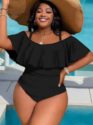 SHEIN Slayr CURVE بدلة سباحة من قطعة واحدة حجم كبير للنساء، مزينة بالكشكشة وكتف بارز ومطوي على الجانب، للصيف والشاطئ