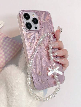 1 قطعة كفر هاتف بطبعة هلال نجوم شفاف لامع ذو سلسلة استخدام، متوافق مع هواتف iPhone11/12/13/14/15/16/16 برو/16 برو ماكس ، وسلسلة هواتف جالكسي A05/A15/A25/A35/A53/A54/A55/S23/S24 أولترا