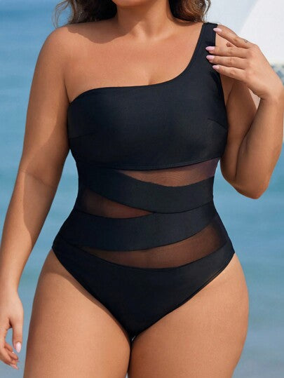 Swim Lushoire ملابس سباحة بتصميم قطعة واحدة للسيدات نساء البدينات مع تباين لون الشبك والأجزاء موحد اللون مناسبة للصيف والعطلات الشاطئية