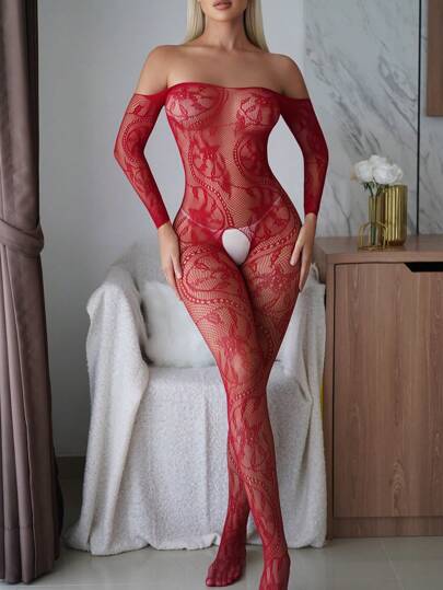 Classic Sexy قطعة واحدة ملابس داخلية نسائية جريئة بنوع البدلة القصيرة ، آستر شفاف بأكمام طويلة باللون البني الداكن