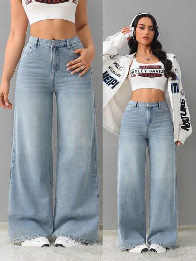SHEIN Tall سروال جينز كاجوال فضفاض مستقيم للنساء، أزرق، بنطال للنساء الطويلات، بنطال شتوي للنساء، سيدات السيارات السريعة، ملابس خريفية للنساء