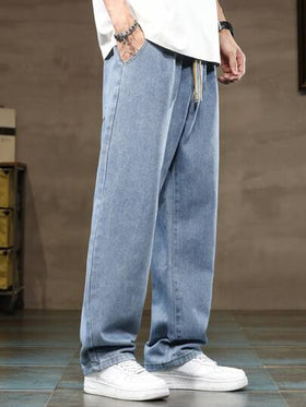 3 عبوات بنطال جينز واسع الساق للرجال بخصر مطاطي وسحاب ، بتأثير غسله وممزق ، متناسق للارتداء اليومي، بجيوب، باللون الأزرق والرمادي والأسود
