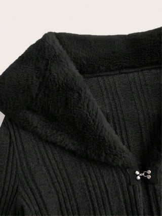 EZwear معطف كاجوال طويل بأكمام طويلة وياقة فوري من جلد الخروف للنساء، خريف/شتاء