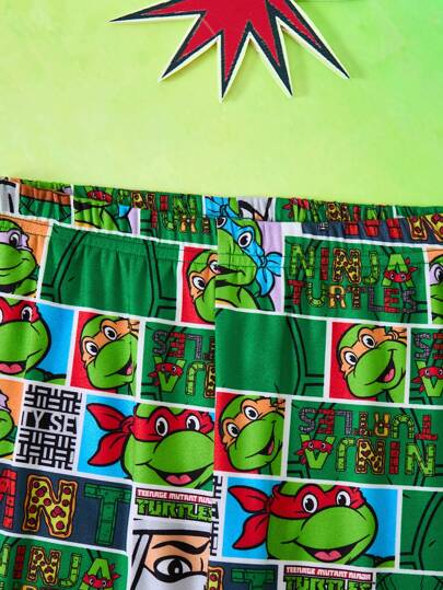 TEENAGE MUTANT NINJA TURTLES | SHEIN بيجامة مجموعة للأولاد المراهقين تتكون من بنطلون مريح مطاطي وتي شيرت كاجوال بأكمام طويلة بطباعة رسوم كرتونية خضراء، مناسب للاستخدام في عيد الميلاد
