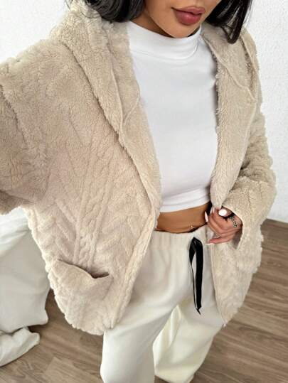 EZwear معطف شتوي بأكمام طويلة مقنع واسع وكاجوال، ذو جيوب ورقع، ملابس دافئة